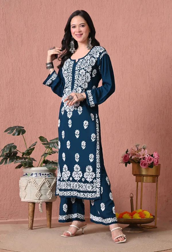 Syrish_Teal_Bloom_Hand_Embroidered_Chikankari_Rayon_Kurta_Set
