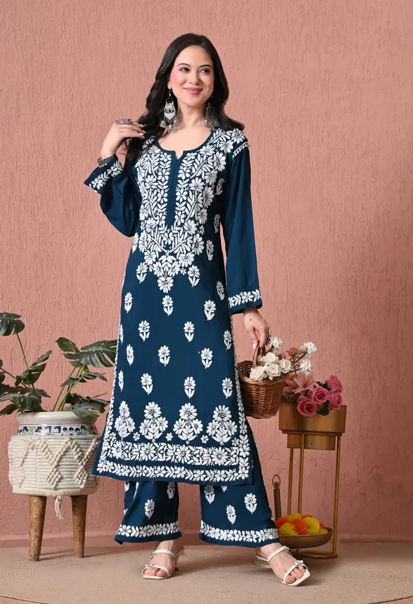 Syrish_Teal_Bloom_Hand_Embroidered_Chikankari_Rayon_Kurta_Set