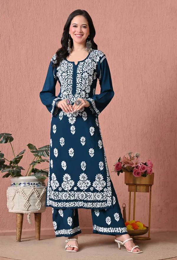 Syrish_Teal_Bloom_Hand_Embroidered_Chikankari_Rayon_Kurta_Set