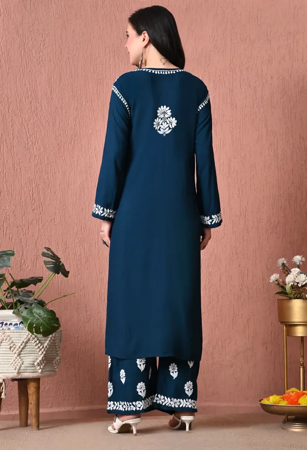 Syrish_Teal_Bloom_Hand_Embroidered_Chikankari_Rayon_Kurta_Set