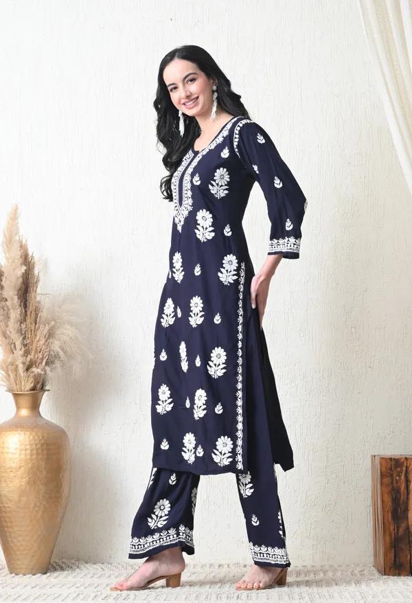 Navy_Blue_Rayon_Hand_Embroidered_Chikankari_Kurta_&_PLazo_Set_with_Floral_Motifs