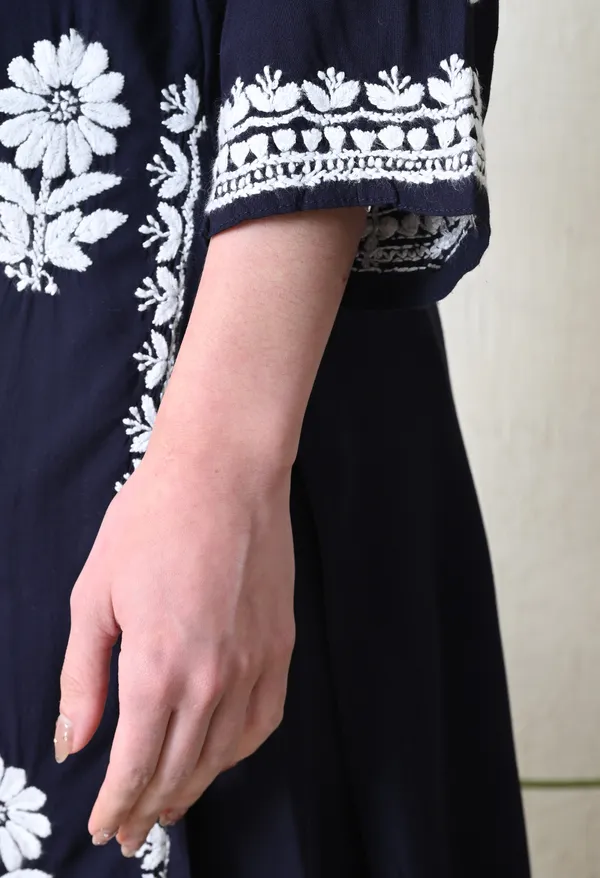 Navy_Blue_Rayon_Hand_Embroidered_Chikankari_Kurta_&_PLazo_Set_with_Floral_Motifs