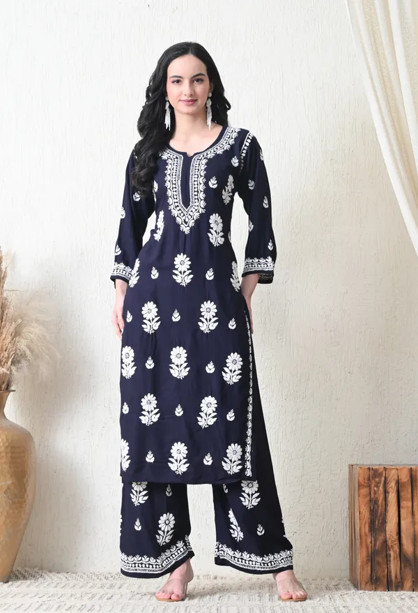 Navy_Blue_Rayon_Hand_Embroidered_Chikankari_Kurta_&_PLazo_Set_with_Floral_Motifs