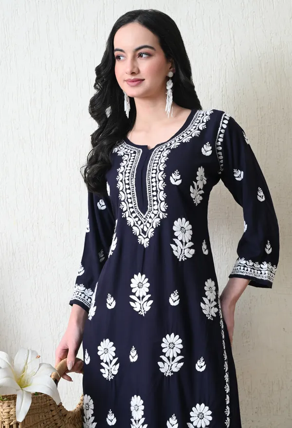 Navy_Blue_Rayon_Hand_Embroidered_Chikankari_Kurta_&_PLazo_Set_with_Floral_Motifs
