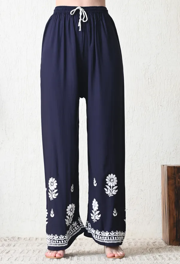 Navy_Blue_Rayon_Hand_Embroidered_Chikankari_Kurta_&_PLazo_Set_with_Floral_Motifs