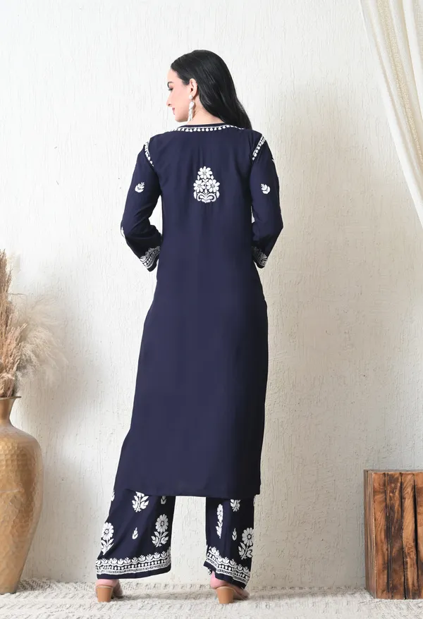 Navy_Blue_Rayon_Hand_Embroidered_Chikankari_Kurta_&_PLazo_Set_with_Floral_Motifs