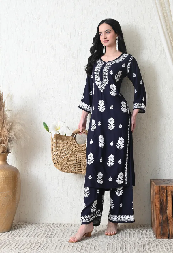 Navy_Blue_Rayon_Hand_Embroidered_Chikankari_Kurta_&_PLazo_Set_with_Floral_Motifs