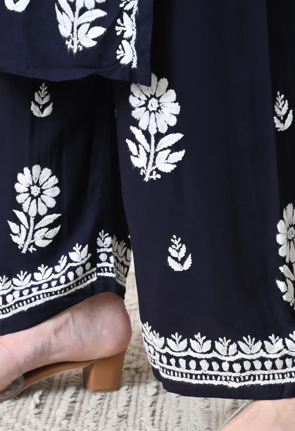 Navy_Blue_Rayon_Hand_Embroidered_Chikankari_Kurta_&_PLazo_Set_with_Floral_Motifs