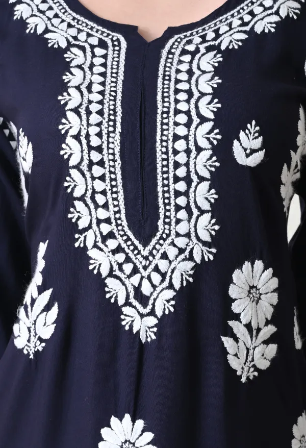 Navy_Blue_Rayon_Hand_Embroidered_Chikankari_Kurta_&_PLazo_Set_with_Floral_Motifs