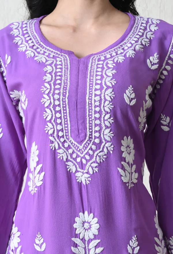 Purple_Rayon_Hand_Embroidered_Chikankari_Kurta_&_PLazo_Set_with_Floral_Motifs