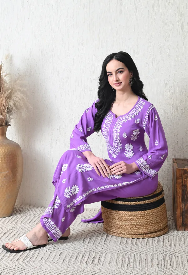 Purple_Rayon_Hand_Embroidered_Chikankari_Kurta_&_PLazo_Set_with_Floral_Motifs