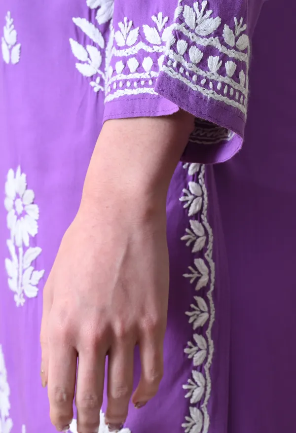 Purple_Rayon_Hand_Embroidered_Chikankari_Kurta_&_PLazo_Set_with_Floral_Motifs