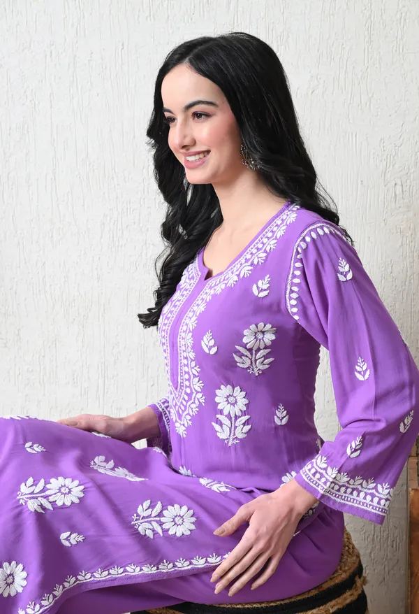 Purple_Rayon_Hand_Embroidered_Chikankari_Kurta_&_PLazo_Set_with_Floral_Motifs