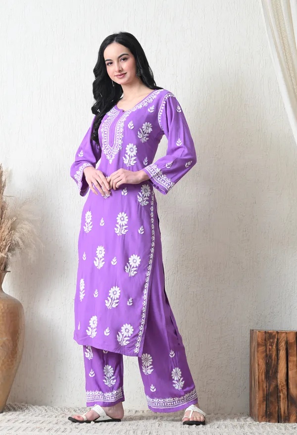 Purple_Rayon_Hand_Embroidered_Chikankari_Kurta_&_PLazo_Set_with_Floral_Motifs