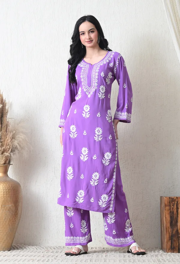 Purple_Rayon_Hand_Embroidered_Chikankari_Kurta_&_PLazo_Set_with_Floral_Motifs