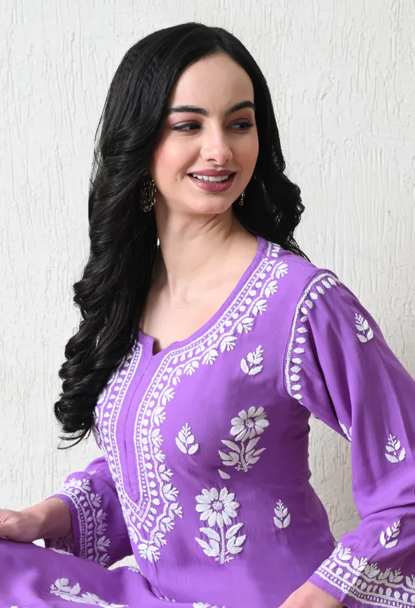Purple_Rayon_Hand_Embroidered_Chikankari_Kurta_&_PLazo_Set_with_Floral_Motifs