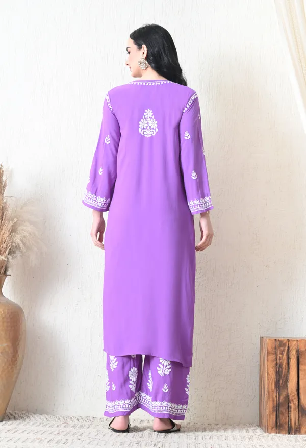 Purple_Rayon_Hand_Embroidered_Chikankari_Kurta_&_PLazo_Set_with_Floral_Motifs