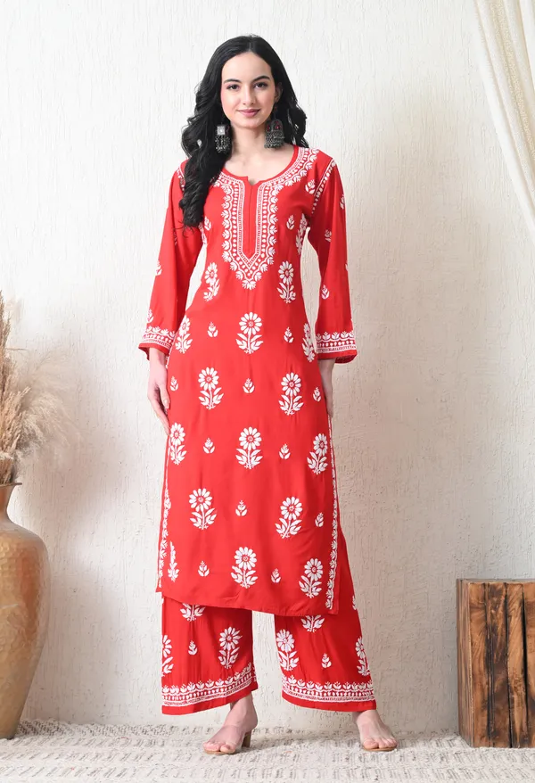 Red_Rayon_Hand_Embroidered_Chikankari_Kurta_&_PLazo_Set_with_Floral_Motifs