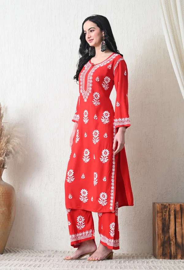 Red_Rayon_Hand_Embroidered_Chikankari_Kurta_&_PLazo_Set_with_Floral_Motifs