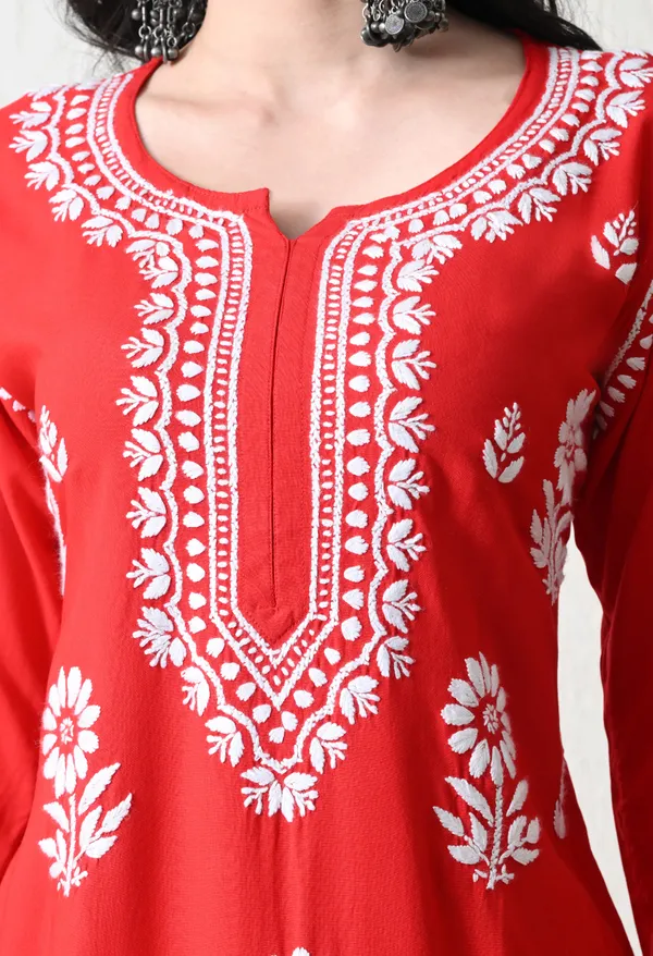 Red_Rayon_Hand_Embroidered_Chikankari_Kurta_&_PLazo_Set_with_Floral_Motifs