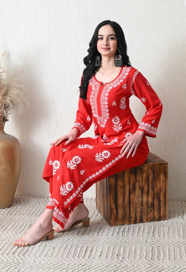 Red_Rayon_Hand_Embroidered_Chikankari_Kurta_&_PLazo_Set_with_Floral_Motifs