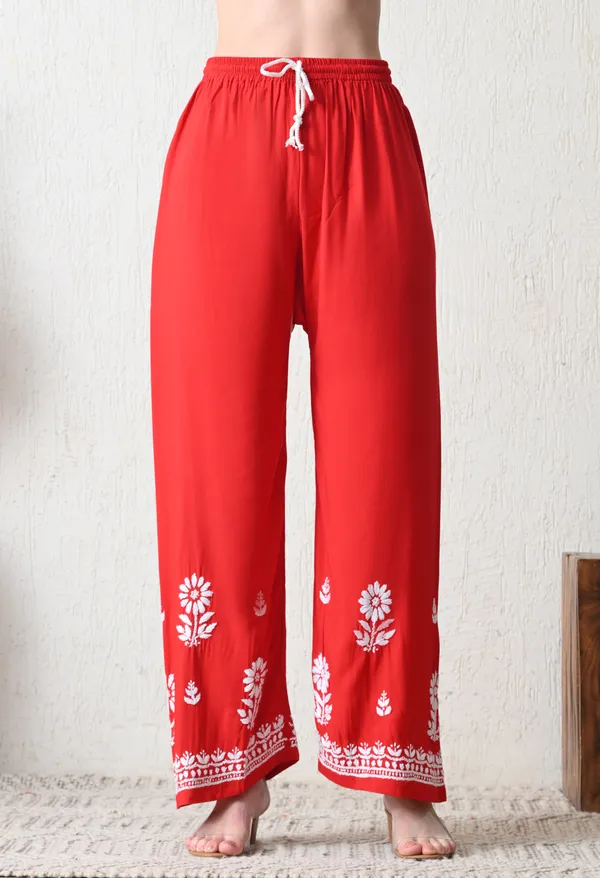 Red_Rayon_Hand_Embroidered_Chikankari_Kurta_&_PLazo_Set_with_Floral_Motifs