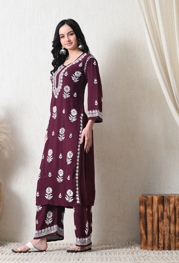 Wine_Rayon_Hand_Embroidered_Chikankari_Kurta_&_PLazo_Set_with_Floral_Motifs