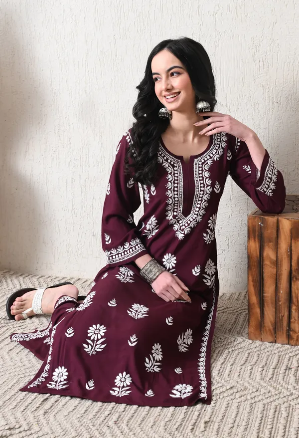 Wine_Rayon_Hand_Embroidered_Chikankari_Kurta_&_PLazo_Set_with_Floral_Motifs