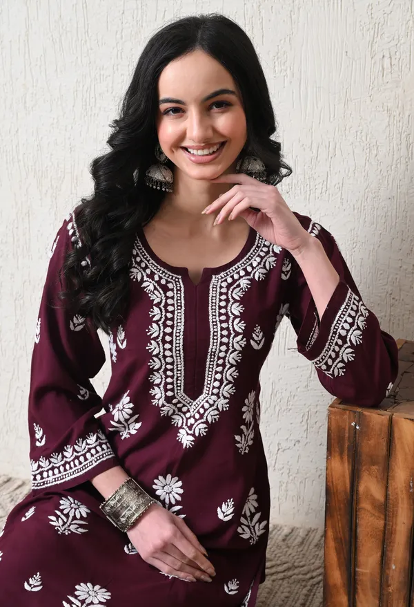 Wine_Rayon_Hand_Embroidered_Chikankari_Kurta_&_PLazo_Set_with_Floral_Motifs