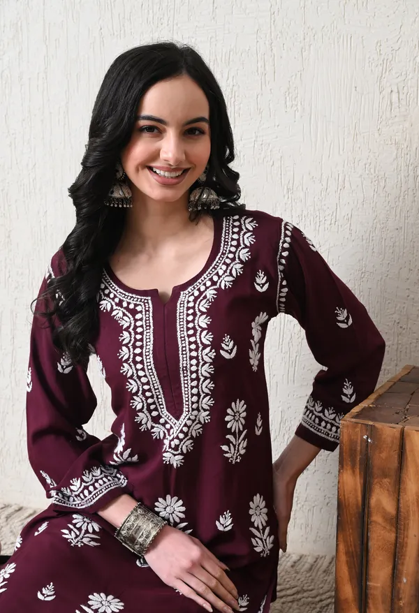 Wine_Rayon_Hand_Embroidered_Chikankari_Kurta_&_PLazo_Set_with_Floral_Motifs
