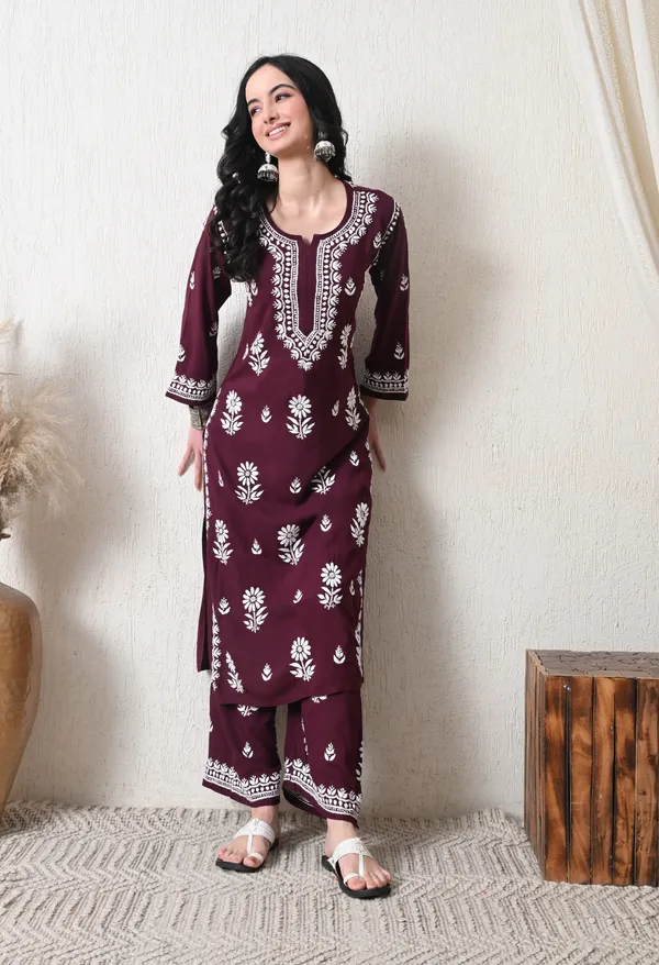 Wine_Rayon_Hand_Embroidered_Chikankari_Kurta_&_PLazo_Set_with_Floral_Motifs