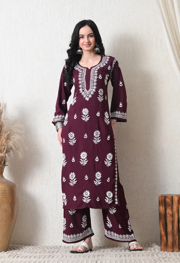 Wine_Rayon_Hand_Embroidered_Chikankari_Kurta_&_PLazo_Set_with_Floral_Motifs
