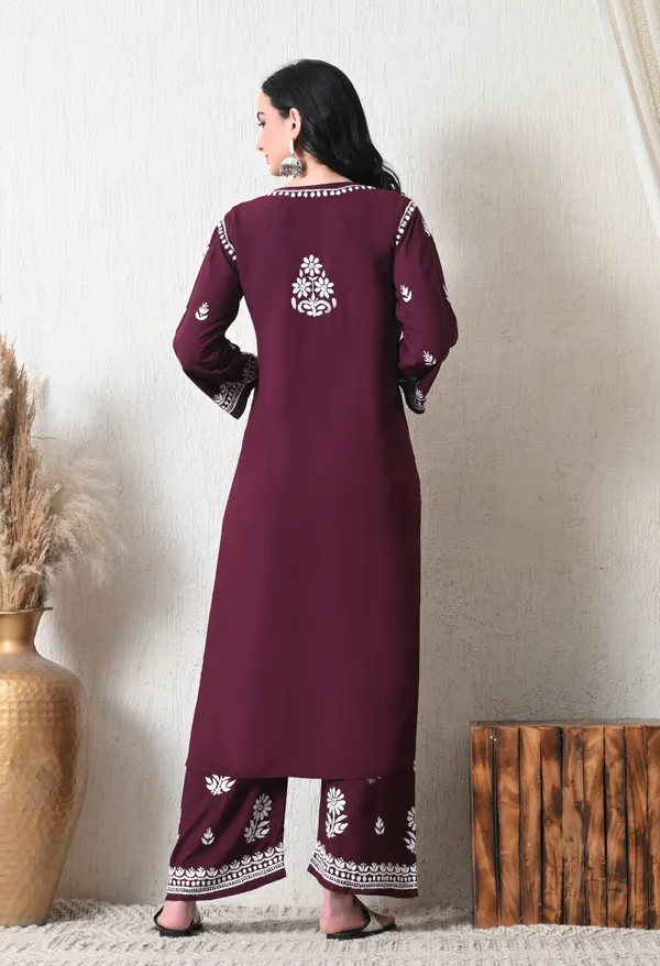 Wine_Rayon_Hand_Embroidered_Chikankari_Kurta_&_PLazo_Set_with_Floral_Motifs