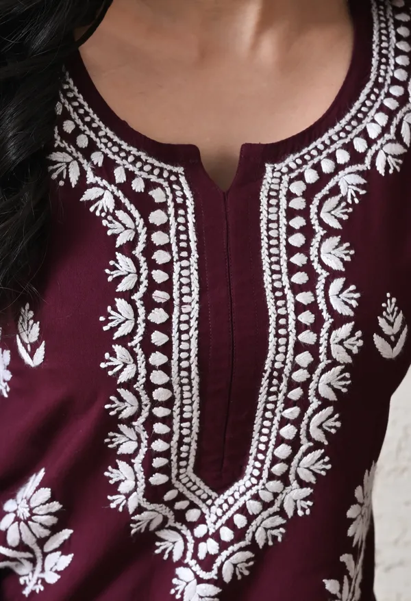 Wine_Rayon_Hand_Embroidered_Chikankari_Kurta_&_PLazo_Set_with_Floral_Motifs