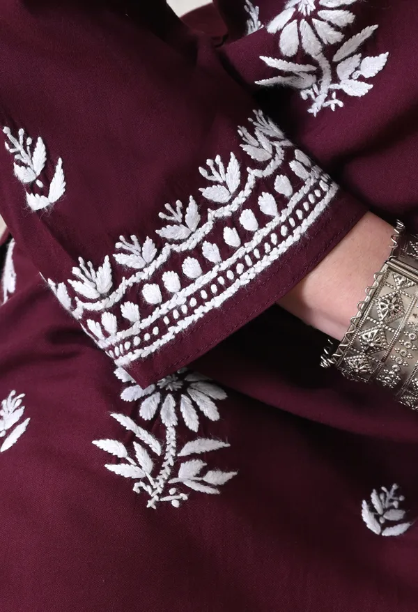 Wine_Rayon_Hand_Embroidered_Chikankari_Kurta_&_PLazo_Set_with_Floral_Motifs