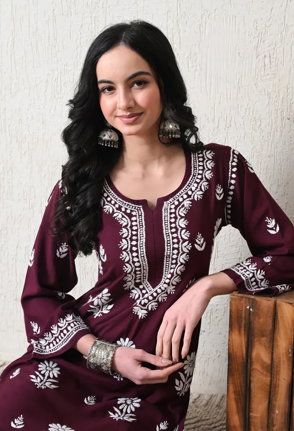 Wine_Rayon_Hand_Embroidered_Chikankari_Kurta_&_PLazo_Set_with_Floral_Motifs