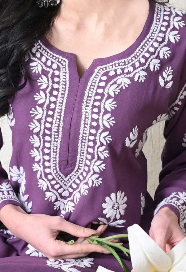 Mauve_Purple_Rayon_Hand_Embroidered_Chikankari_Kurta_&_PLazo_Set_with_Floral_Motifs