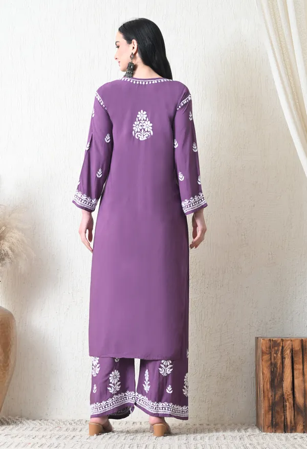 Mauve_Purple_Rayon_Hand_Embroidered_Chikankari_Kurta_&_PLazo_Set_with_Floral_Motifs