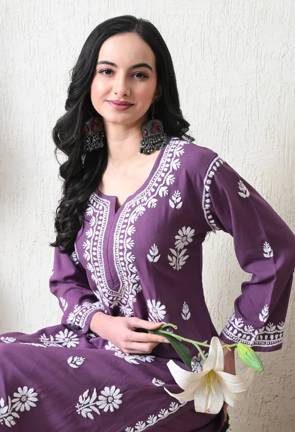 Mauve_Purple_Rayon_Hand_Embroidered_Chikankari_Kurta_&_PLazo_Set_with_Floral_Motifs
