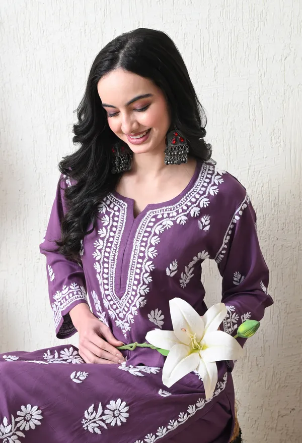 Mauve_Purple_Rayon_Hand_Embroidered_Chikankari_Kurta_&_PLazo_Set_with_Floral_Motifs