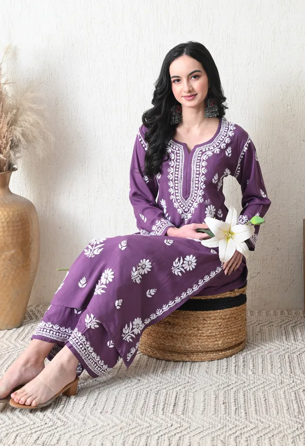 Mauve_Purple_Rayon_Hand_Embroidered_Chikankari_Kurta_&_PLazo_Set_with_Floral_Motifs