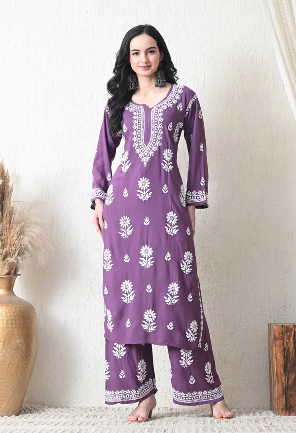 Mauve_Purple_Rayon_Hand_Embroidered_Chikankari_Kurta_&_PLazo_Set_with_Floral_Motifs