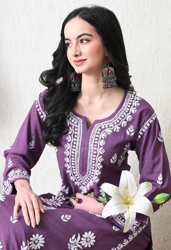 Mauve_Purple_Rayon_Hand_Embroidered_Chikankari_Kurta_&_PLazo_Set_with_Floral_Motifs