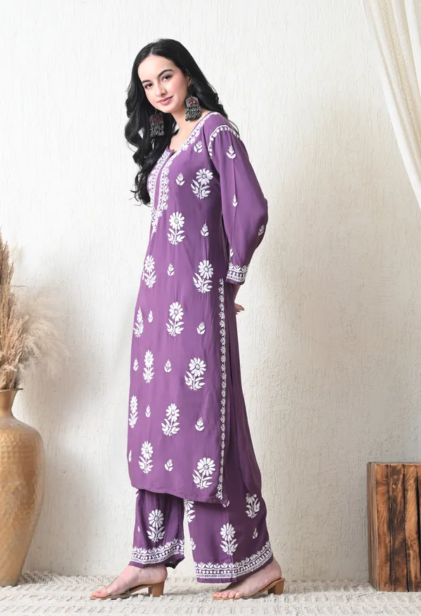 Mauve_Purple_Rayon_Hand_Embroidered_Chikankari_Kurta_&_PLazo_Set_with_Floral_Motifs
