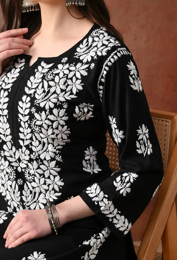 Black_Hand_Embroidered_Chikankari_Rayon_Kurta_Palazzo_Set