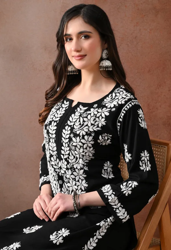 Black_Hand_Embroidered_Chikankari_Rayon_Kurta_Palazzo_Set