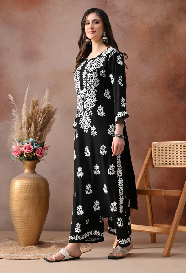 Black_Hand_Embroidered_Chikankari_Rayon_Kurta_Palazzo_Set