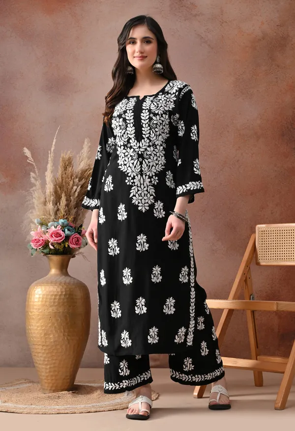 Black_Hand_Embroidered_Chikankari_Rayon_Kurta_Palazzo_Set