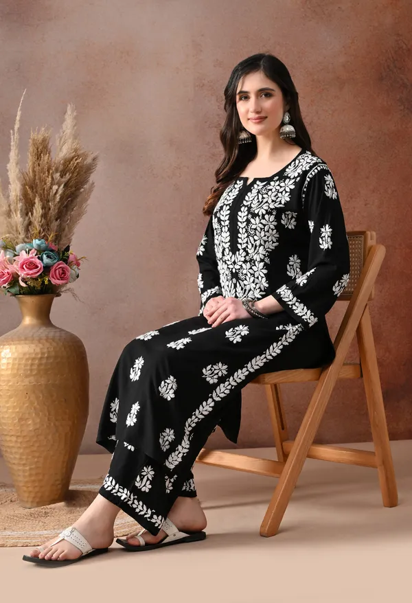 Black_Hand_Embroidered_Chikankari_Rayon_Kurta_Palazzo_Set