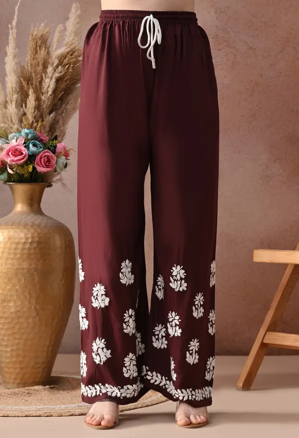 Brown_Hand_Embroidered_Chikankari_Rayon_Kurta_Palazzo_Set